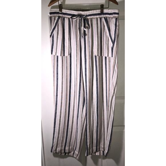 Marissa Olivia Linen Blend Stripe Boho Beach Pants Elastic Waist Pockets Size PL - Picture 1 of 9